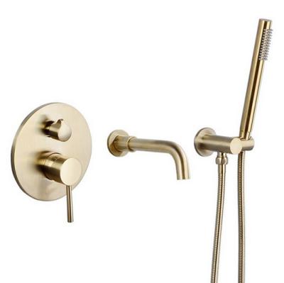 China Rough Slide Bar Brass Brushed Gold Free In Balance Valve And Kit Wall Mounted Bathtub Tub Faucet Mixer With Hand Shower Head for sale