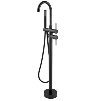 China Without Slide Bar Matte Black High Curved Freestanding Modern Copper Floor Mounted Tub Faucet for sale