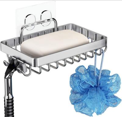 China Modern Self Adhesive Stainless Steel Soap Dish Holder No Drilling Basket Bathroom Soap Rack Holder With Hooks for sale