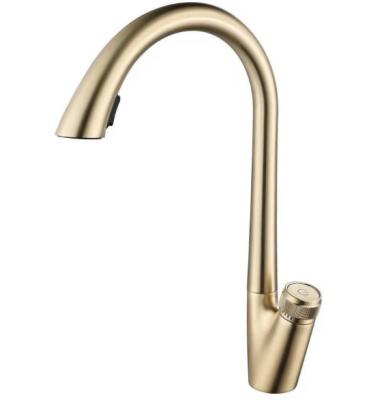 China Pull Out Spray Luxury Push Button Switch Brass Pull Out Pull Down Kitchen Faucet Taps Mixer Brushed Gold With Extension Hose for sale