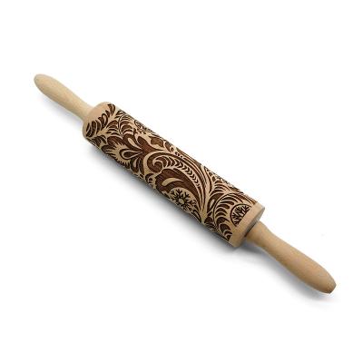 China Wooden Paisley Rolling Pin Embossing Woody 3D Viable Laser Engraved Pin For Cookies Cookies Fondant Cake Dough Baking Clay for sale