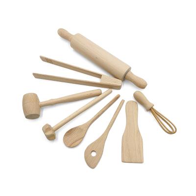 China Kitchen Tools 8sets Mini Viable Wooden Spoon Spatula Hammer Pin Eggbeater Tongs For Kids for sale