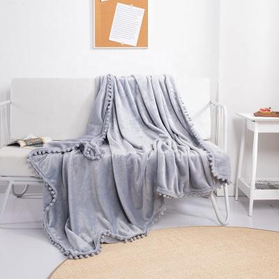 China i@home Solid Color Flannel Pom Pom Fleece Anti-Static Modern Simple Soft Thick Blanket For Winter for sale