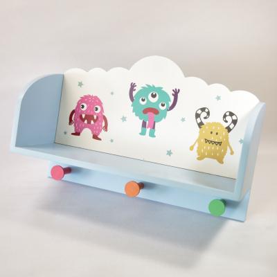 China Novelty Small Wooden Cartoon Wall Shelf with Hooks for Kids Children Room for sale