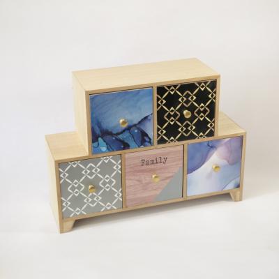 China Modern Small Square Silk Screen Wooden Storage Box With Five Drawers for sale