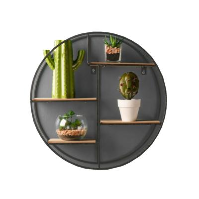 China GraceCrafts Retro Farmhouse Style Wall Shelf Industrial Black Round Circle Metal and Wood Shelving Unit for Living Room Bathroom Kitchen for sale