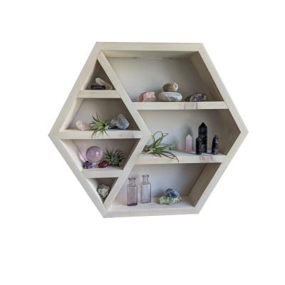 China GRACECRAFTS Vintage Farmhouse Wall Collection White Hexagon Crystals Wood Wooden Shelf for Living Room Bedroom Decor for sale