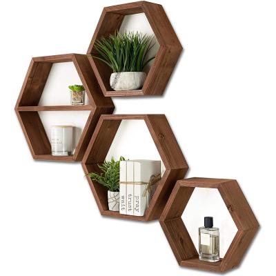 China GraceCrafts Rustic Hexagon Extra Large Floating Shelves Set of 4 Rustic Octagon Brown Shelves Wall Shelves Honeycomb Decor for sale