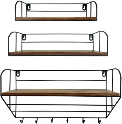 China GraceCrafts Rustic Set of 3Floating Shelves for Wall Include 6 Hooks Hanging Bar Rustic Wood Iron for Bathroom Kitchen Bedroom for sale