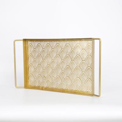 China GraceCrafts Metal Rectangle Gold Stocked Pattern Designed Serving Tray with Handles Countertop Jewelry Perfume Organizer 15