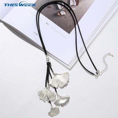 China New Fashion Hiphop 2022 Long Ginkgo Leaf Design Stainless Steel Metal Women Necklace Pendant for sale