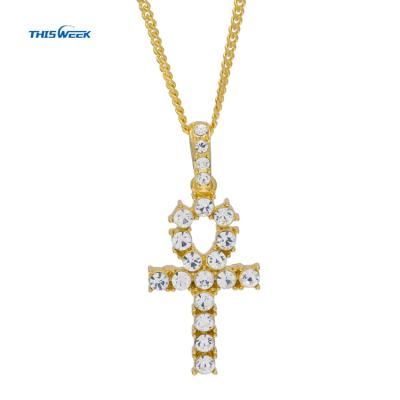 China Hip Hop Best Selling Egyptian Key Ankh Rhinestone Gold Plating Necklace Pendant Chain Jewelry for sale