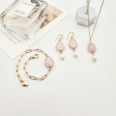 China Europe and America Natural Stone Quartz Pearl Bead Earrings Wholesale Pink Necklace Bracelet Set for Women Girls for sale