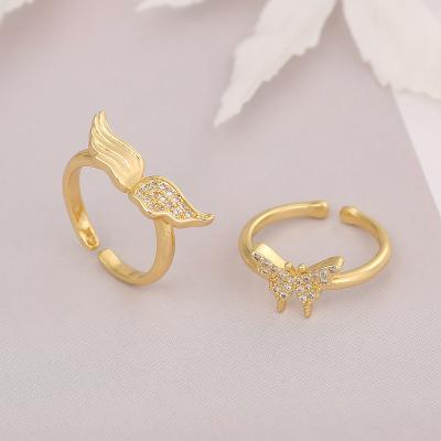 China Wholesale Trendy Fashion Jewelry Copper Alloy Gold Plated Zircon Rings Angel Wings Butterfly Rings Sweet Tail Rings For Women for sale