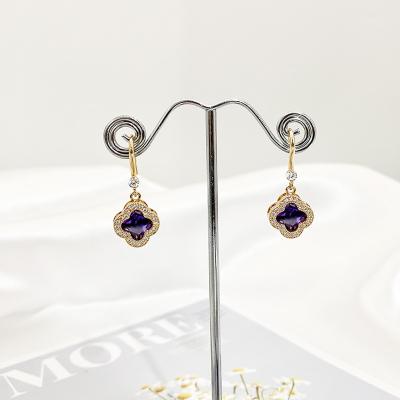 China Trendy Fashion Four Leaf Clover Gold Plated Purple Cubic Zirconia Drop Earrings For Women Wedding for sale