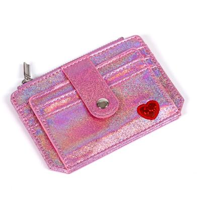 China Multifunctional Hot Selling Laser Leather Card Holder Custom Design Zipper Coin Purse Girls Mini Wallet for sale