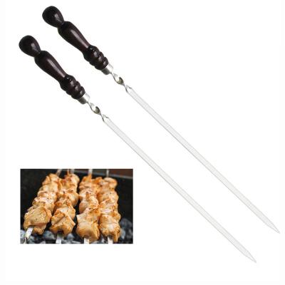 China Easily Cleaned Custom Stainless Steel BBQ Skewers With Wood Handle Extra Long Kebab Flat Skewers GRILL Grilling Sticks for sale