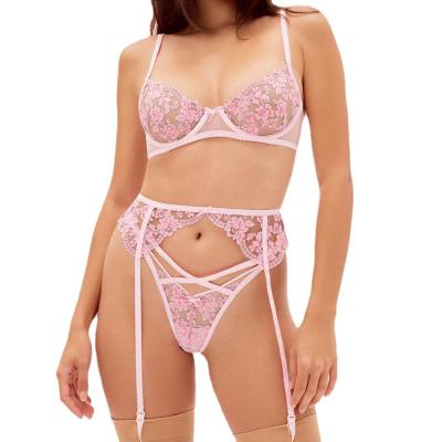 China Hot Selling Floral Embroidery Sexy Women Bed Liners 3 Pieces Lace Lingerie Sets for sale