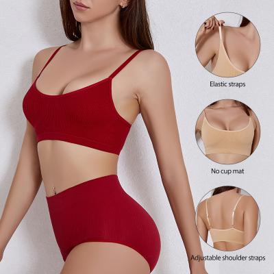 China 2022 New QUICK DRY 2 Pcs Underwear Sets Lace Up Sexy Back Breathable Crop Top Padded Wireless Seamless Bra Briefs Set for sale