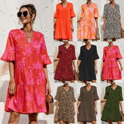 China Anti-Static Trumpet Sleeve Loose A Line Oversized Women Dresses Short Sheath Loose V-Neck Leopard Print Dress for sale