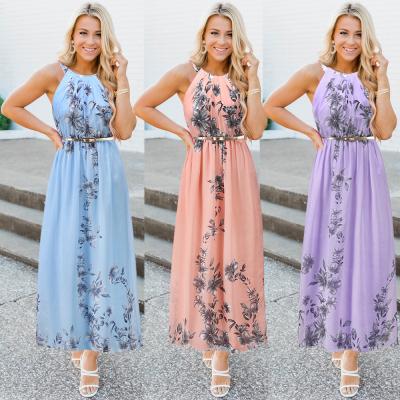 China Slim Chiffon Maxi Dress Women Maxi Sleeveless Belt Halter Floral Printing Anti-Static Halter Neck for sale