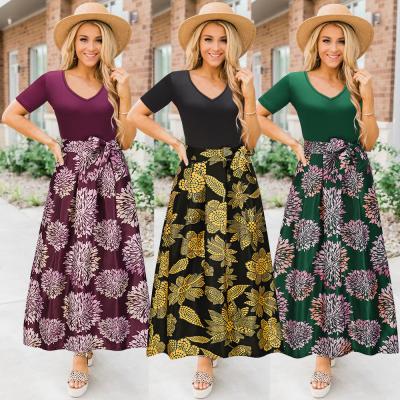 China Maxi Floral Print Dresses Commuting Anti-Static Knitting Slim Waist Printing Flower V-Neckline Plus Size Short Sleeve Ladies Casual Dresses for sale