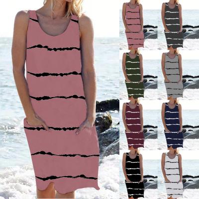 China Anti-Static Ladies Striped Round Neck Dress Fashion Round Neck Sleeveless Stripe Printed Bodycon Dress Women for sale