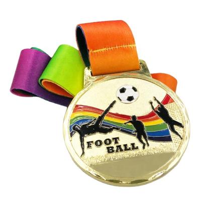 China Europe Customized Logos Metal Gold Medalist Enamel Logo Champion Soccer Medal Sports Ribbon for sale