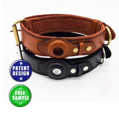 China Premium Soft Adjustable Custom Made Dog Leash Personalized Genuine Leather Luxury Dog Collar With Airtag Case for sale