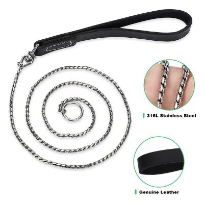 China Luxury Genuine Leather Personalized Handle Pet Training Leash Metal Dog Chains Stainless Steel Dog Snake Chain for sale