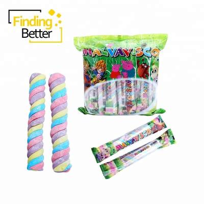 China 18.5g Natural Halal Fruity Long Twist Marshmallow Rope Cotton Candy Sales Rainbow Twisted Marshmallow for sale