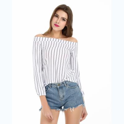 China New Design QUICK DRY striped off the shoulder top women clothing beautiful off the shoulder tendril ruffle blouse top for sale