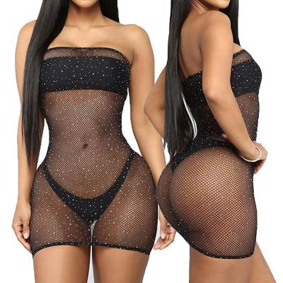 China Concealment Mesh Net Transparent Women Hot Sexy Mini Dress Sparkle Style Dress 2022 Fashion Club Beach Bodycon Breathable Casual Strapless New for sale