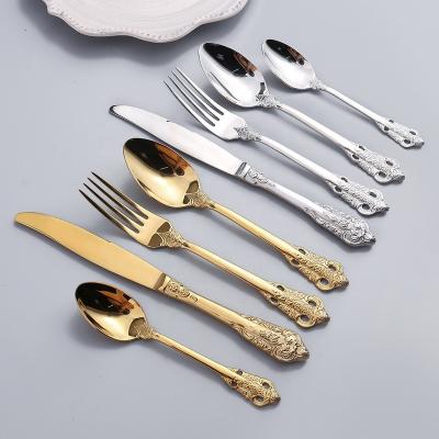 China Viable Elegant Luxury Cutlery 304 Spoon Fork Knife Gold Plated Reusable Royal Stainless Steel Flatware Set for sale