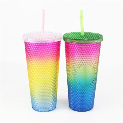 China Disposable Colorful Studded Grid Tumbler With Lid And Durable Straw Drink Cup 600ml for sale