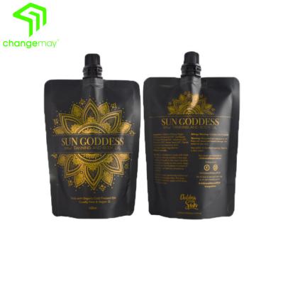 China Moisture proof spout in plastic packaging bag black top doypack pouch with spout use for juice for sale