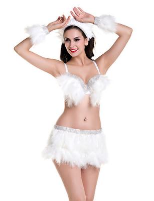 China CC5108F Feather Dance Costumes Sparckle Rhinestones Banded Sexy Bras Feather Trim Skirt for sale