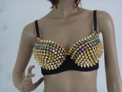 China Spandex Night Club Wear Handmade Beads Gold Studded Bra With Spikes for sale