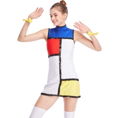 China Charactors Costume Modern A-Line Blocks Colors Contrast Sequins Trimmed Jazz Dance Dress Performance Fashion Dress for sale