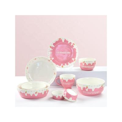 China Viable Tableware Set Cartoon Strawberry Style Ceramic Cute Creative Breakfast Bowl Noodle Rice Dinnerware Cutlery Design for sale