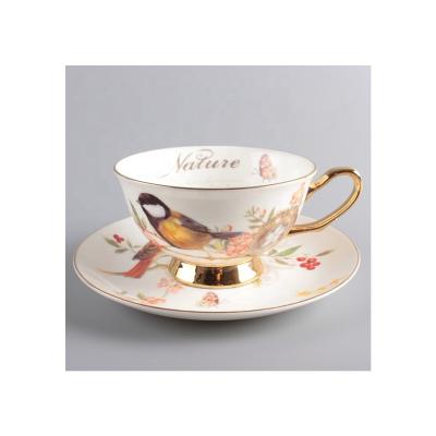 China Viable Bone China Double Cup And Saucer With Gift Box Coffee Mug Lucky Bird Pattern Business Gift Hotel Afternoon Tea Cup for sale