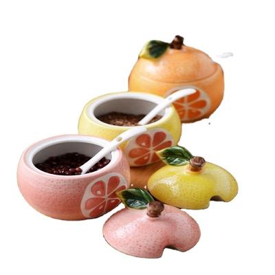 China Sustainable Jar 4.33*3.66inch Fruit Shape Porcelain Storage Container Seasoning Condiment Jars Condiment Set With Cover And Spoon Kitchen Utensils for sale