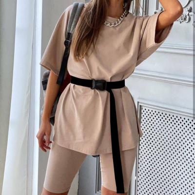 China Wholesale Hot Sale Spring and Summer Women's QUICK DRY Two Piece Set with Belt Solid Color Loose Sports Shape Casual Set for sale