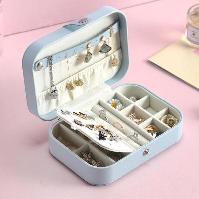 China Wholesale Eco-Friendly Makeup Box Ring Earring Portable Jewelry Travel Leather Simple Blue Earrings Necklace Bracelets Jewelry Box Case for sale