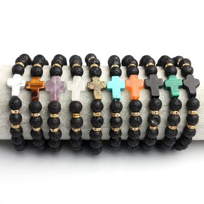 China PANGEM Casual/Sporty Black Volvano Lava Stone 8mm RD Charm Beaded Bracelet W Turquoise/Amethyst/Quartz/Crystal/Onyx/Howlite/Tigerseye Cross for sale