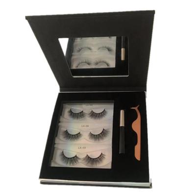 China Factory OEM 100% Natural Long Mink Lashes 3 Pairs Mink Lashes & Tweezers & One Glue With Customized Magnetic Box for sale