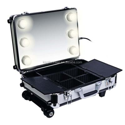 China Fashoion Cosmetic Trolley Case With Lights Mirror Aluminum Trolley Make Up Case With Lights for sale