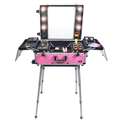 China Professional Fashoion Aluminum Beauty Make Up Case With Light Mirror Wheel Case for sale