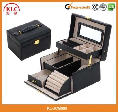 China Black Leather Jewelry Box Lockable Makeup Storage Case With Mirror 8