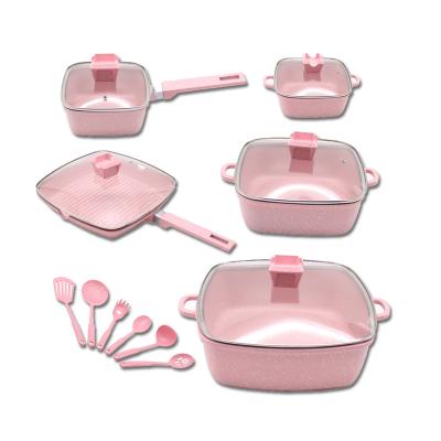 China 2022 Viable Stock Cookware Set Unique 16pcs Square Granite Marble Medical Stone Nonstick Pot Set for sale